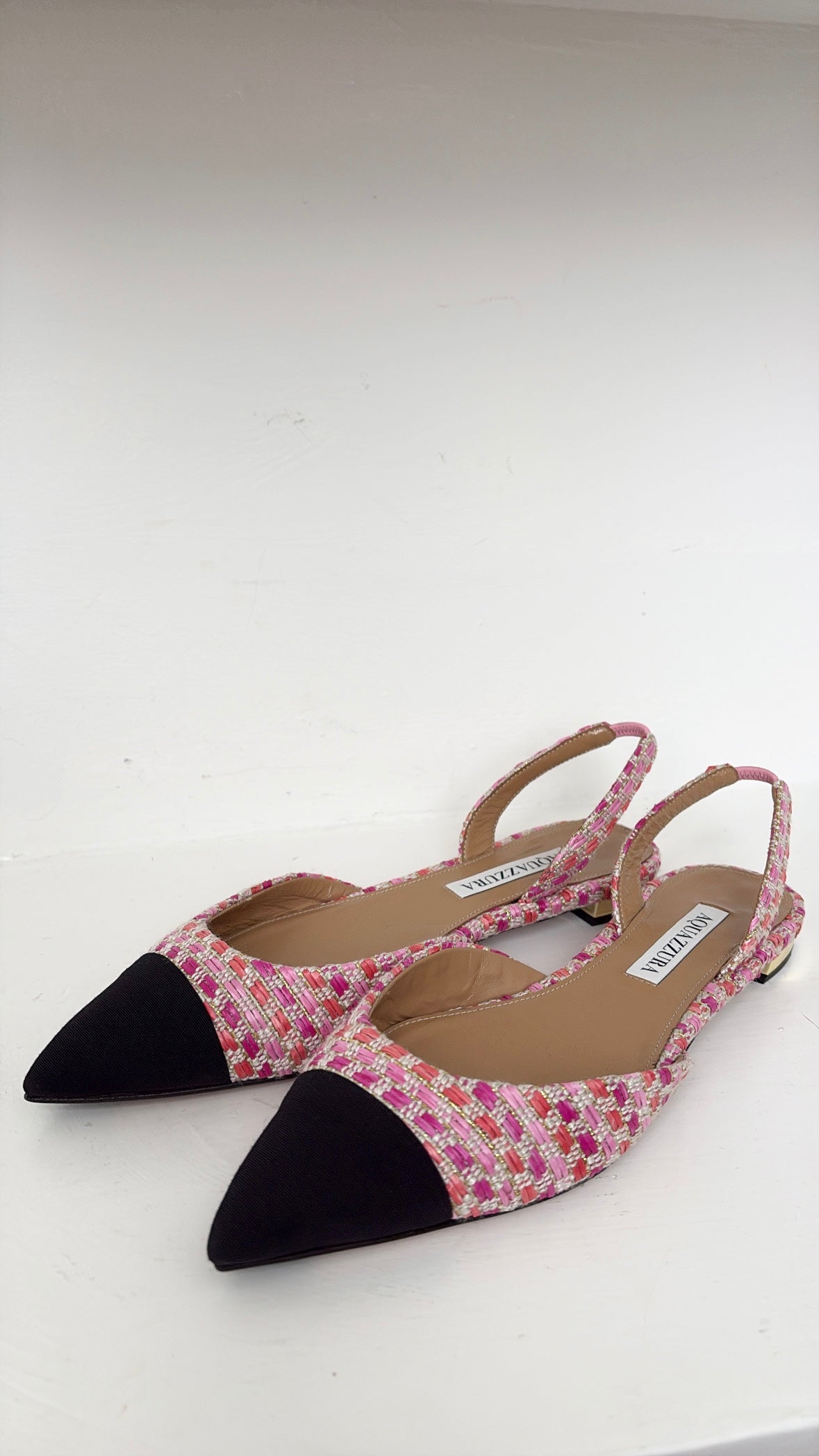 Aquazzura Pink Tweed Slingback Flats with Black Toe Cap, 36.5