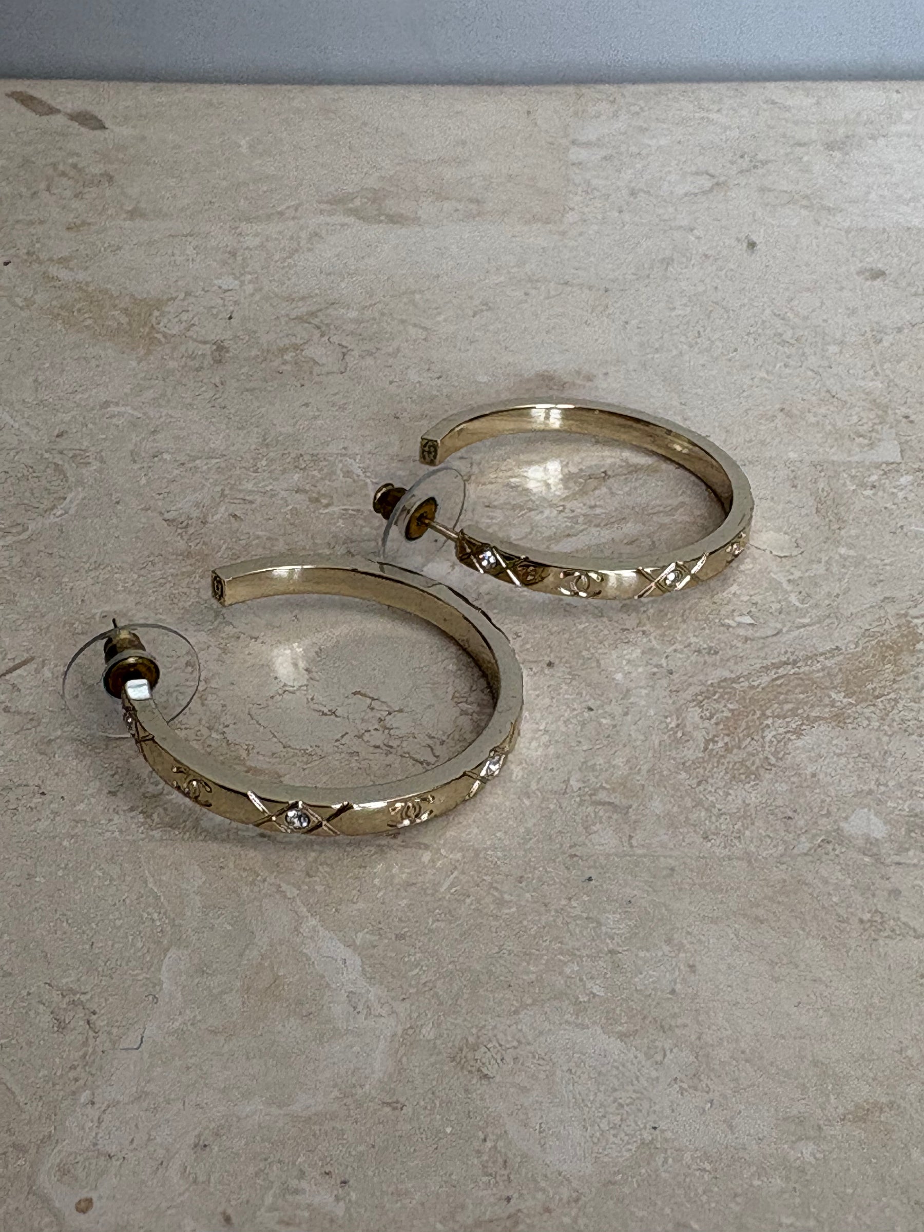 Chanel Gold Tone Crystal Logo Hoop Earrings