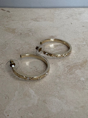 Chanel Gold Tone Crystal Logo Hoop Earrings