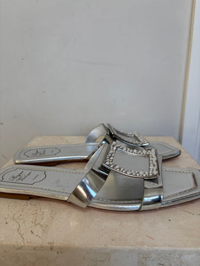 Roger Vivier Silver Leather and Crystal Slides, 40