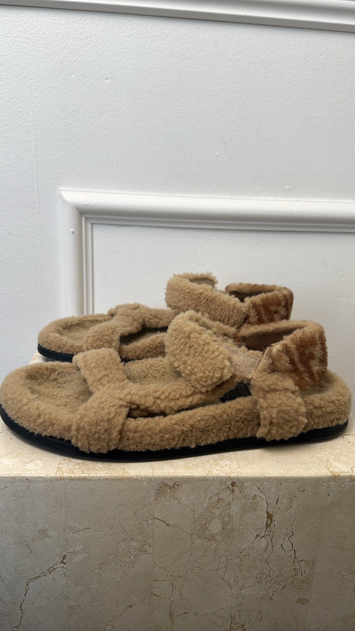 Fendi Beige Monogram Back Shearling Sandals, 40
