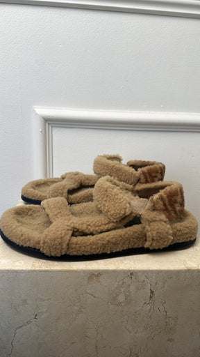 Fendi Beige Monogram Back Shearling Sandals, 40