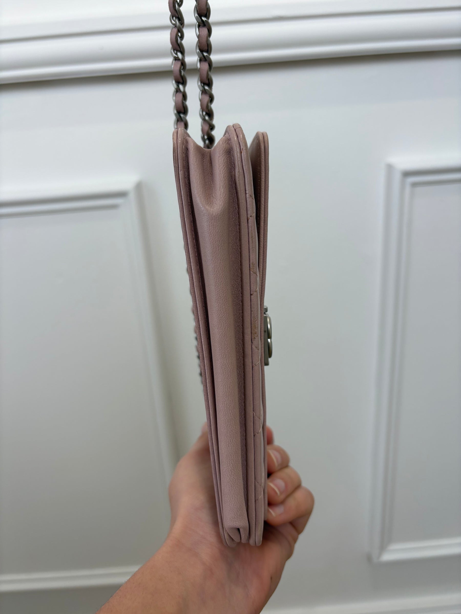 Chanel Baby Pink Iridescent Leather Boy Wallet On Chain