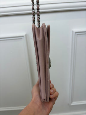 Chanel Baby Pink Iridescent Leather Boy Wallet On Chain
