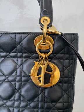 Dior Black Cannage Leather Medium Lady Dior With Gold Hardware