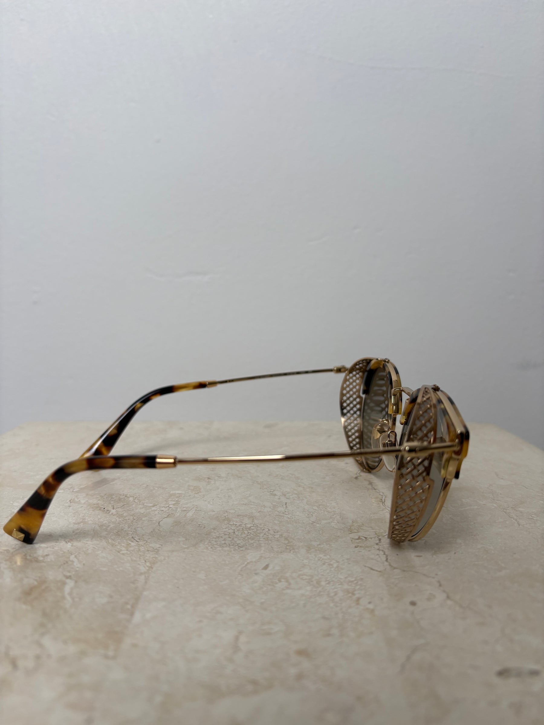 Valentino Gold Tone and Tortoiseshell Round Sunglasses