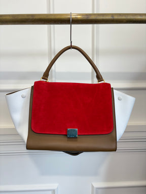 Celine White and Khaki leather with Red Suede Trapeze Bag