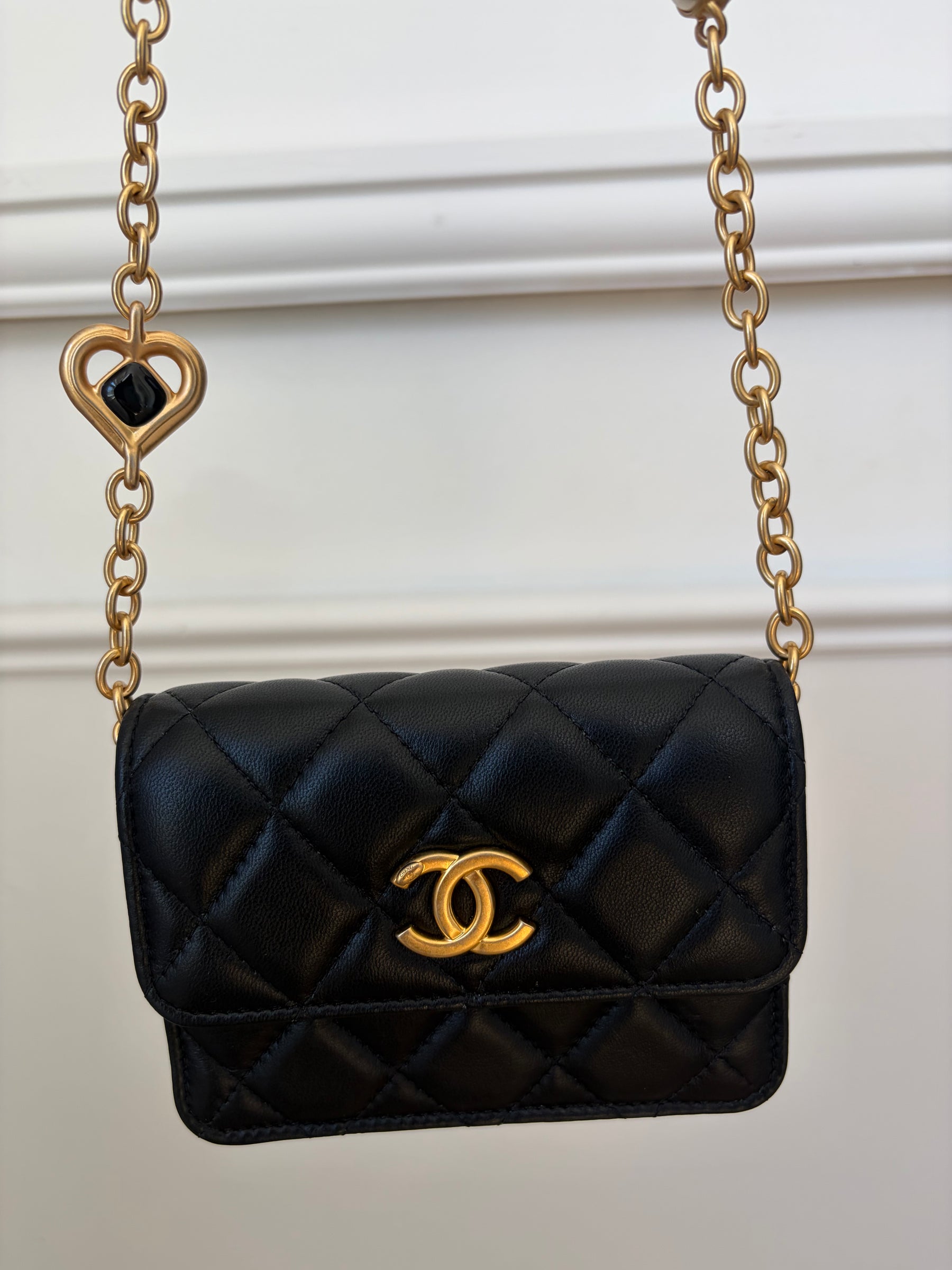 Chanel Black Lambskin Leather Mini Flap With Enamel Detail Chain