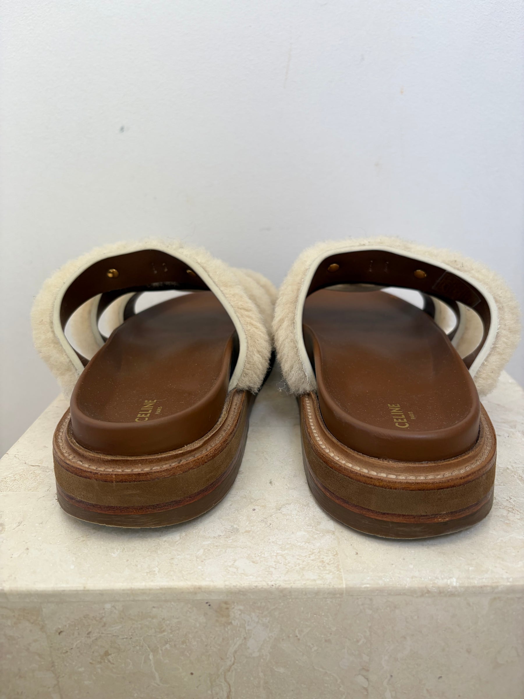 Celine Tan Leather and Cream Shearling Tippi Triomphe Slides, 40