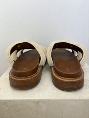 Celine Tan Leather and Cream Shearling Tippi Triomphe Slides, 40
