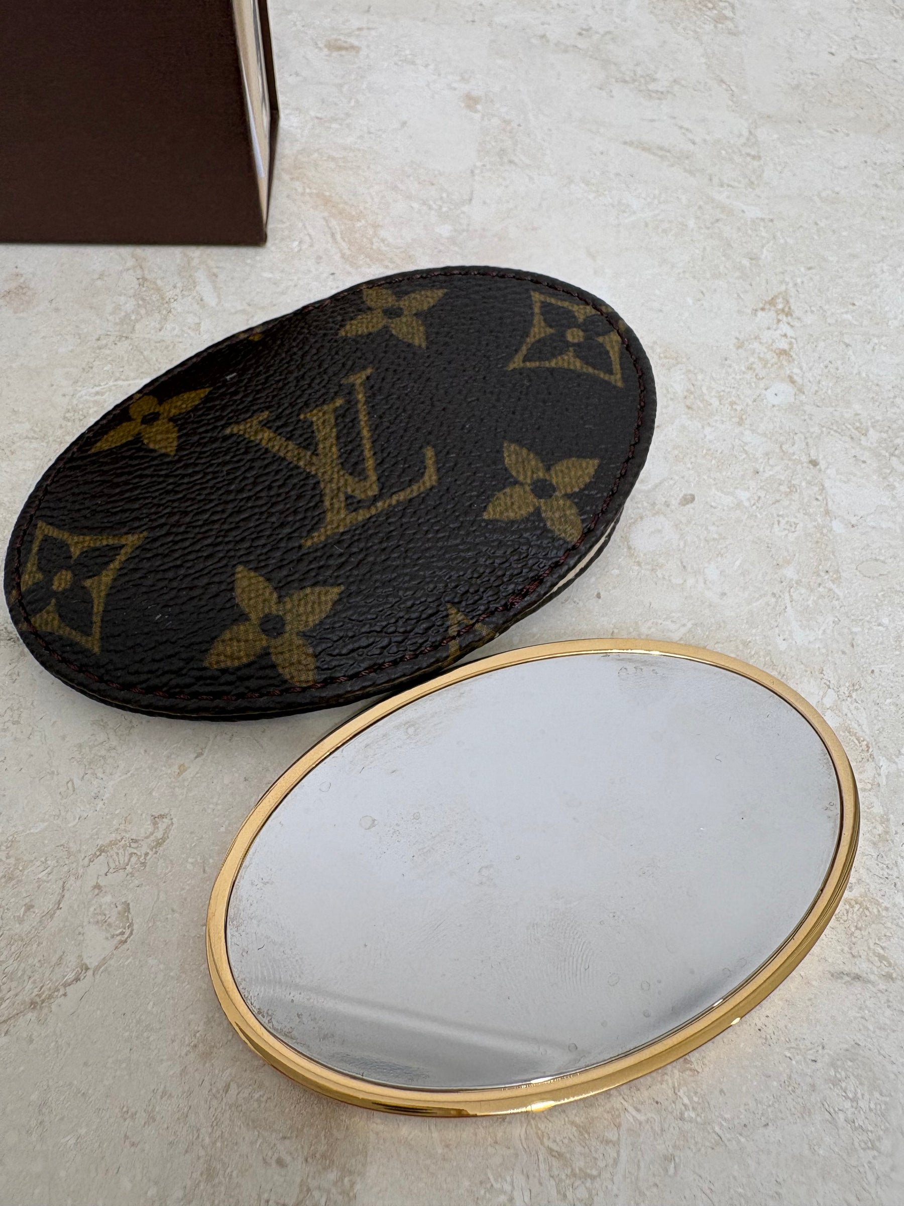 Louis Vuitton Brown Marbled Oval Mirror in Canvas Monogram Pouch