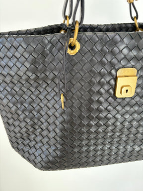 Bottega Veneta Black Intrecciato Leather Buckle Tote