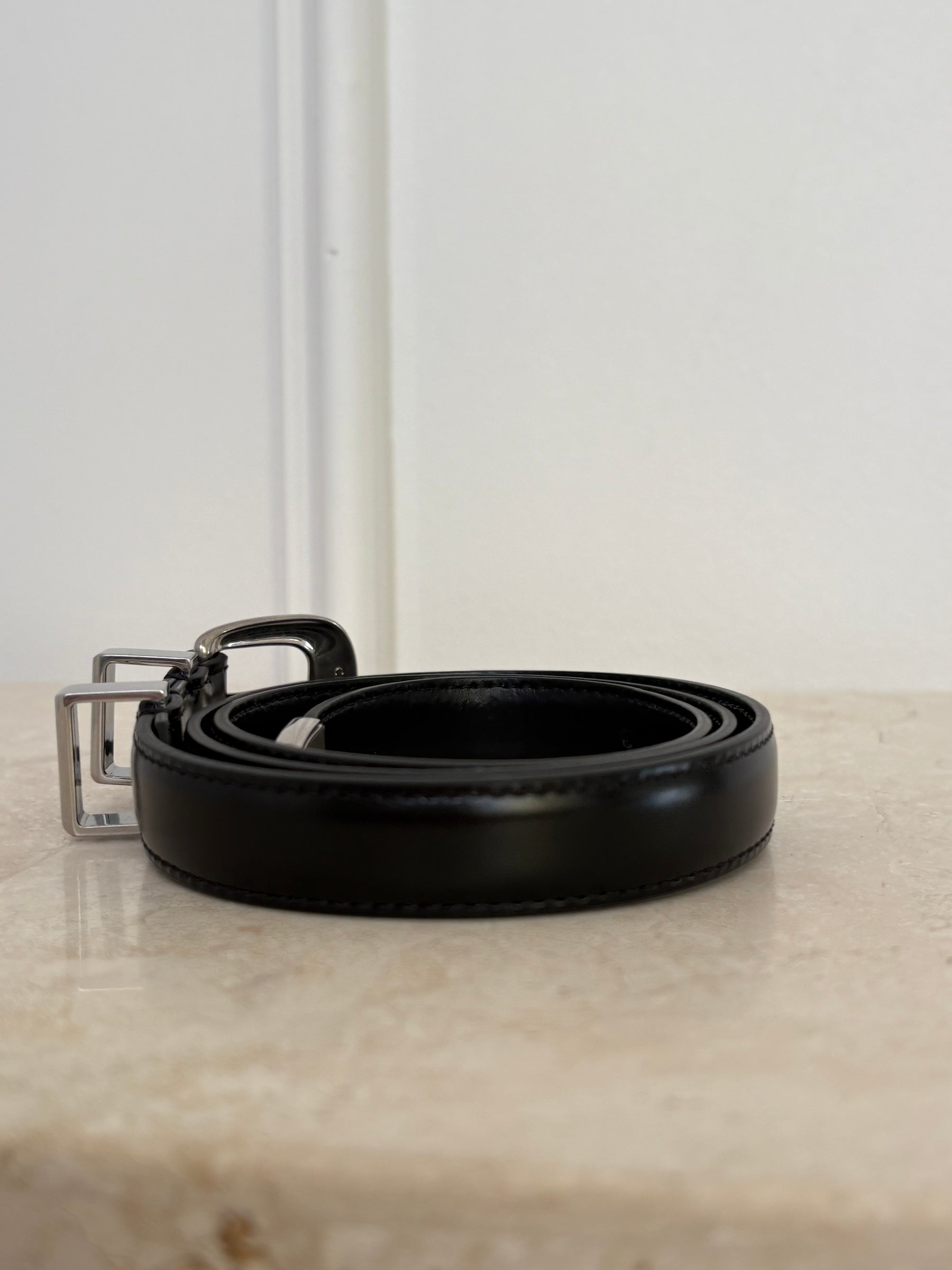 Celine Black Leather Silver Buckle Western Belt, 75