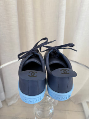 Chanel Navy Leather Logo Lace Sneaker, 40