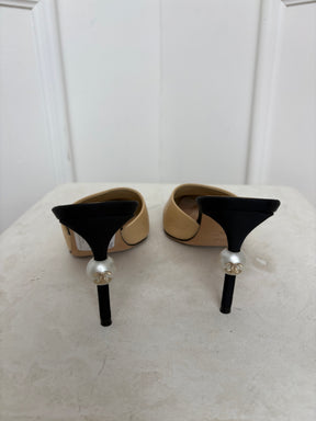 Chanel Beige Leather and Black Grosgrain Pointed Pearl Heel Mule, 37C