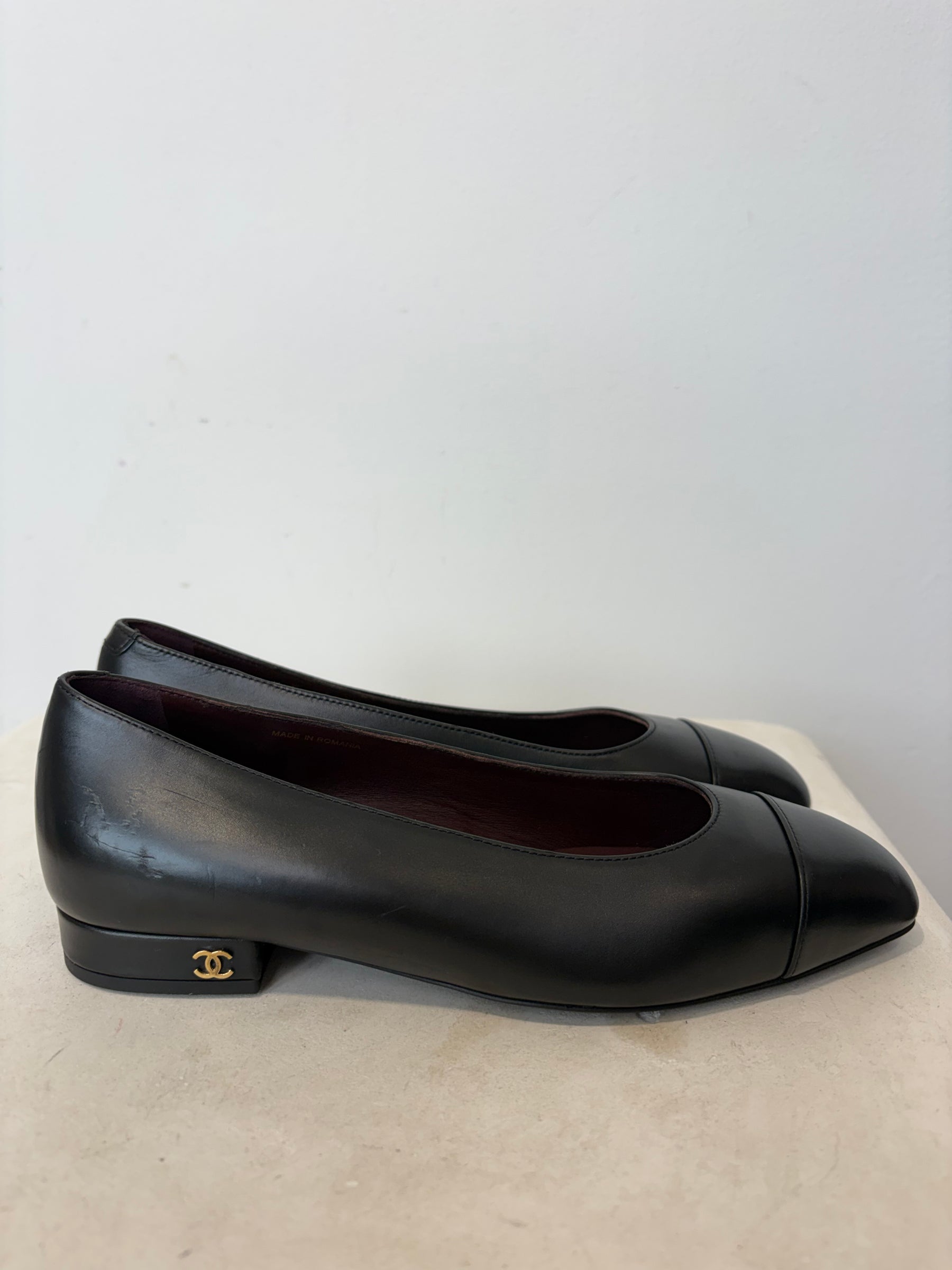 Chanel Uniform Black Leather Flats, 36