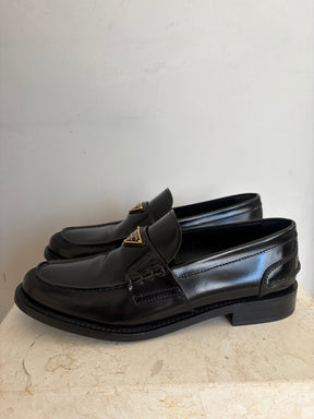 Prada Black Brushed Leather Logo Loafer, 37.5
