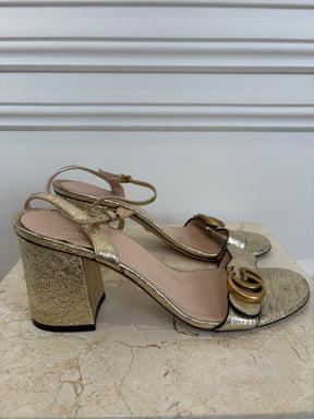 Gucci Gold Crinkled Leather Marmont Block Heels, 38.5