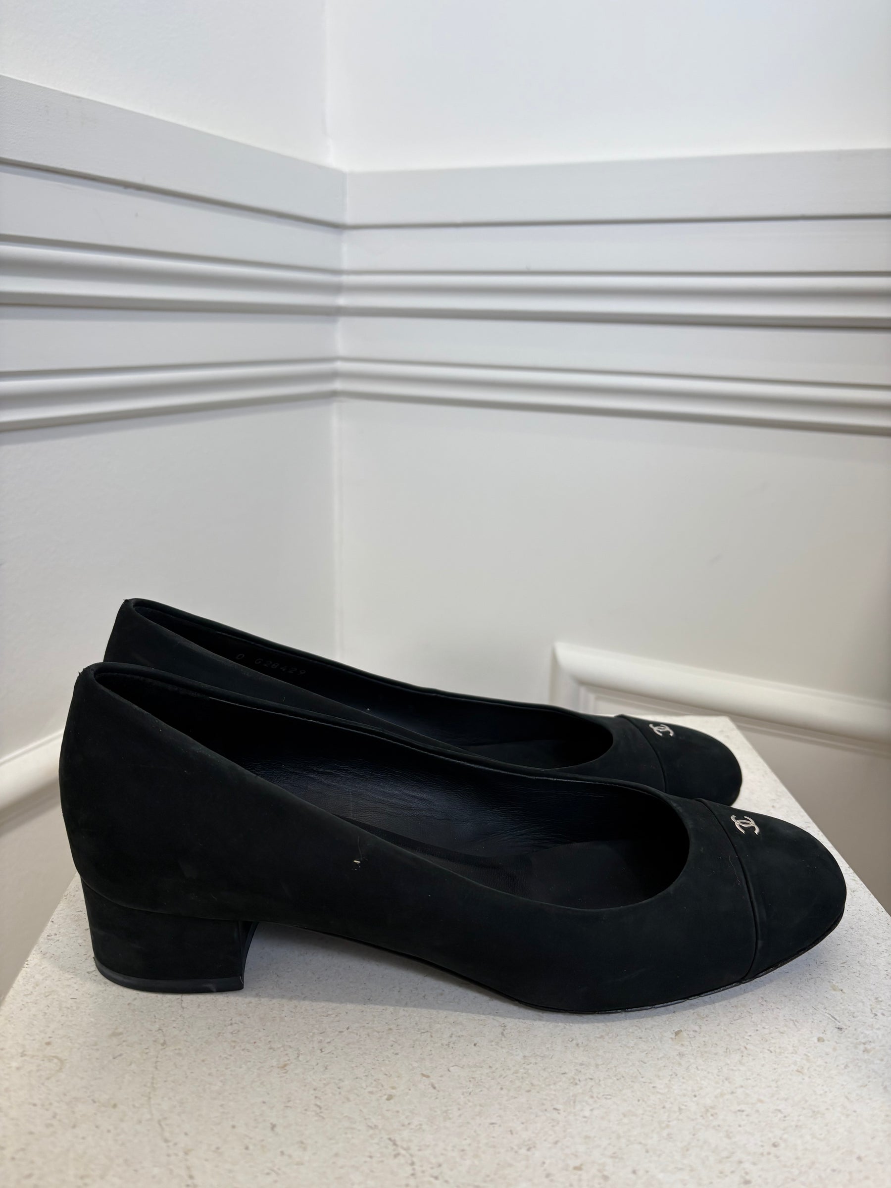 Chanel Black Suede Cap Toe Pumps, 39.5
