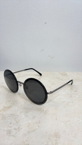 Chanel Black and Silver Chain Detail Round Sunglasses with Neck Chain