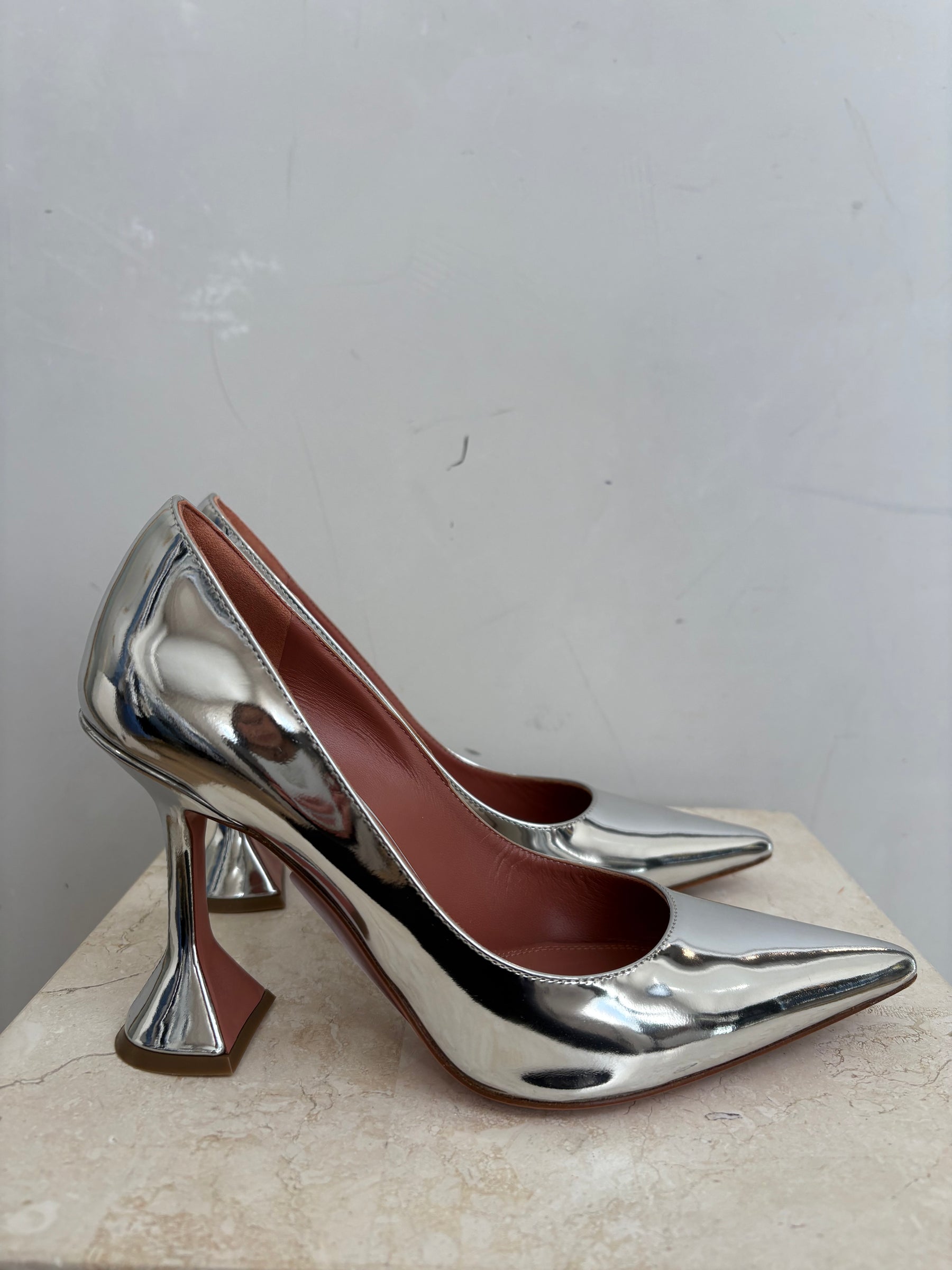 Amina Muaddi Silver Metallic Pointed Ami Pump, 39