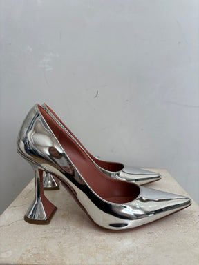 Amina Muaddi Silver Metallic Pointed Ami Pump, 39
