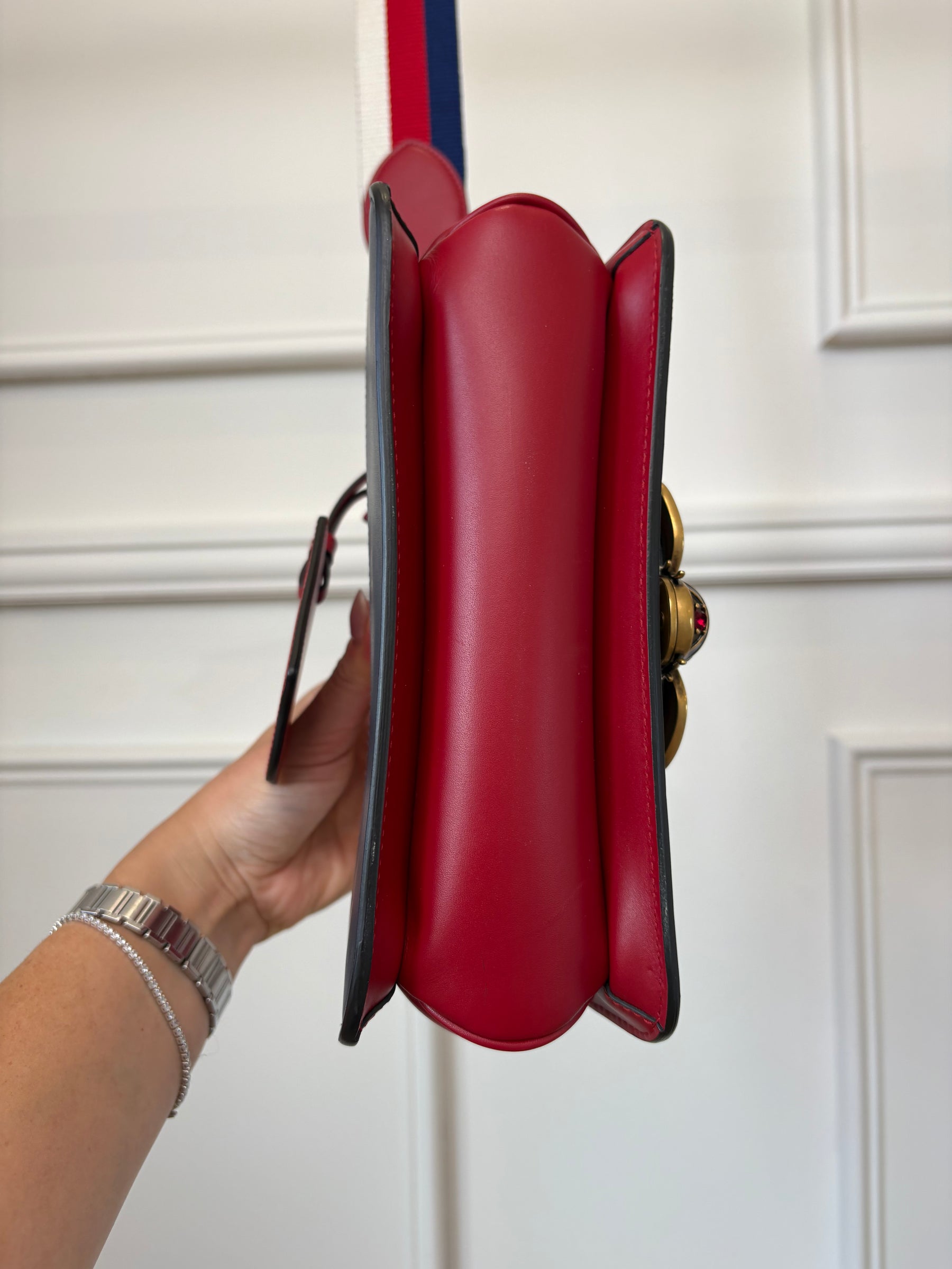 Gucci Red, White and Navy Leather Embellished Bee Shoulder Bag