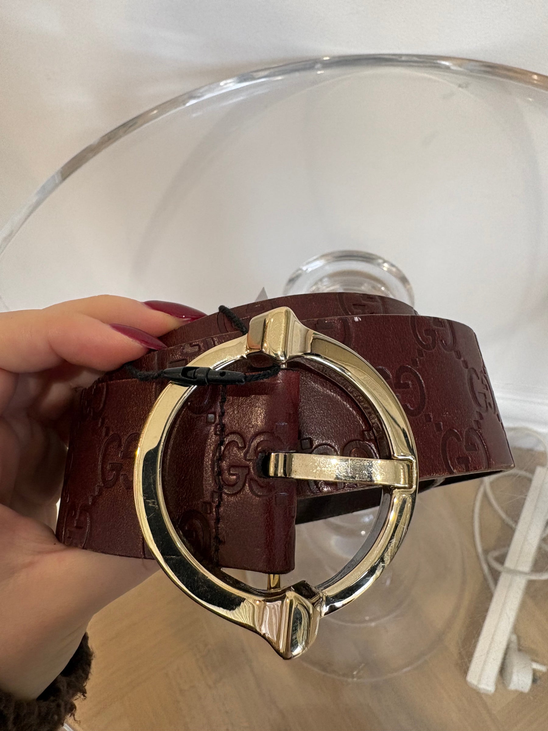 Gucci Monogram Brown Leather Belt Gold Hardware, 90cm
