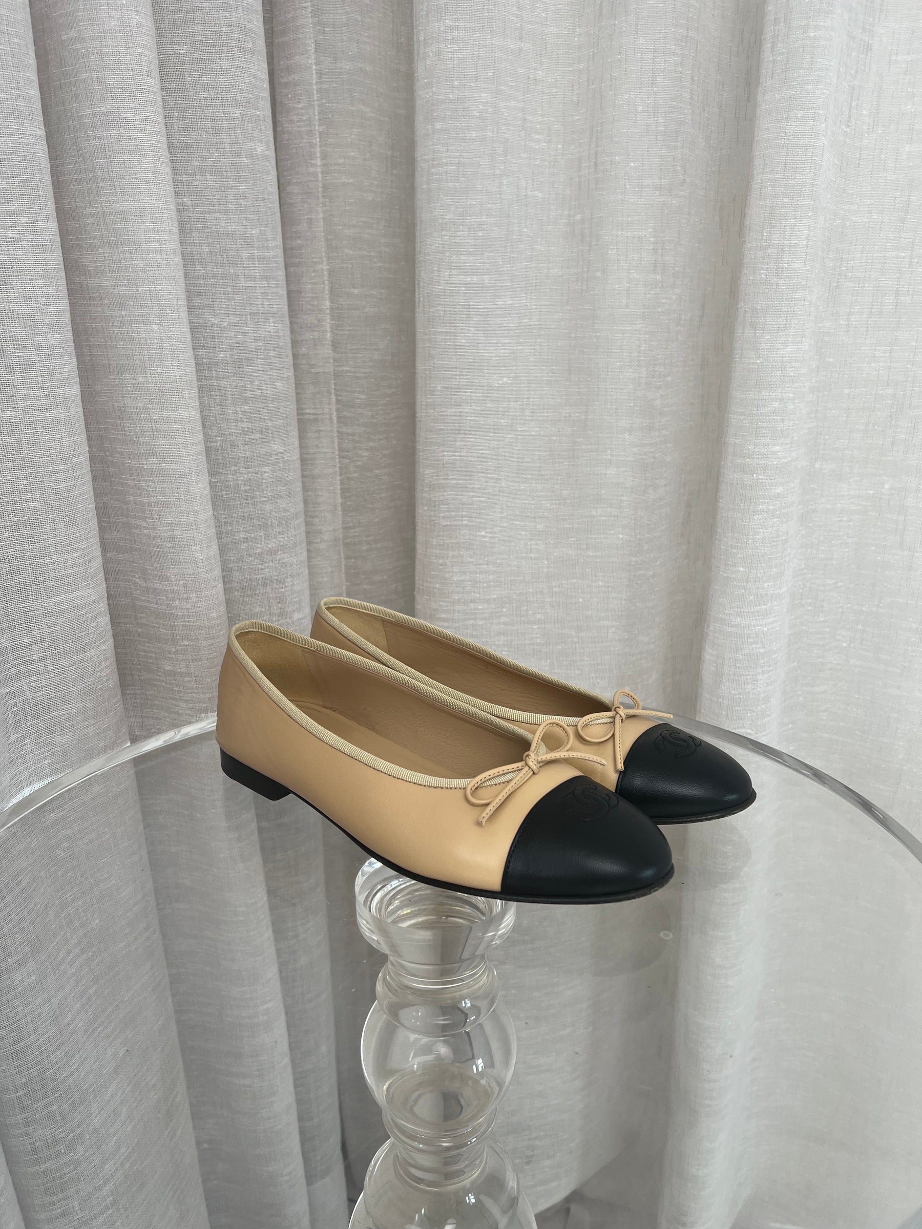 Chanel Beige and Black Ballet Flats, 40.5