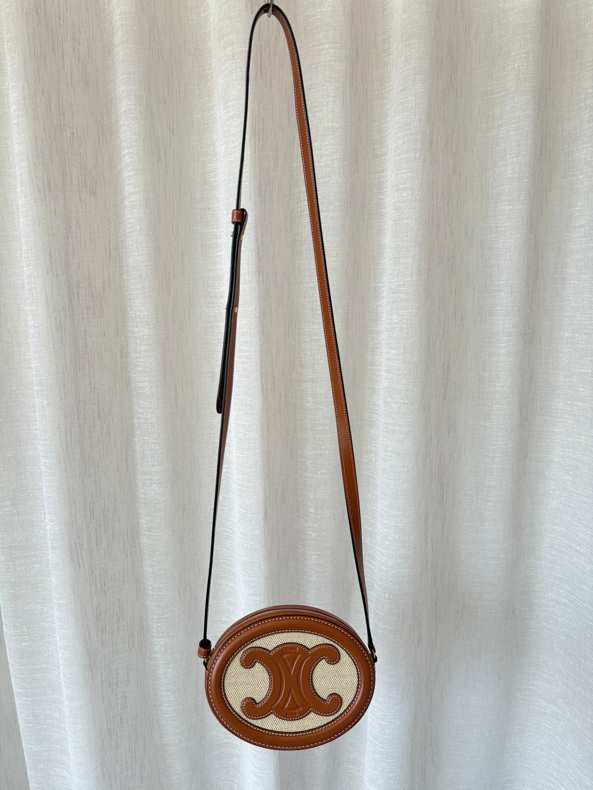 Celine Tan Leather and Canvas Oval Triomphe Bag