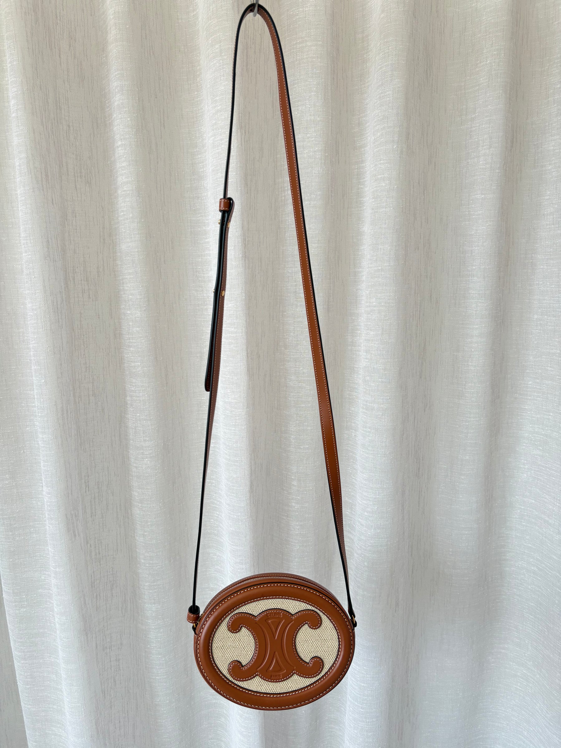 Celine Tan Leather and Canvas Oval Triomphe Bag