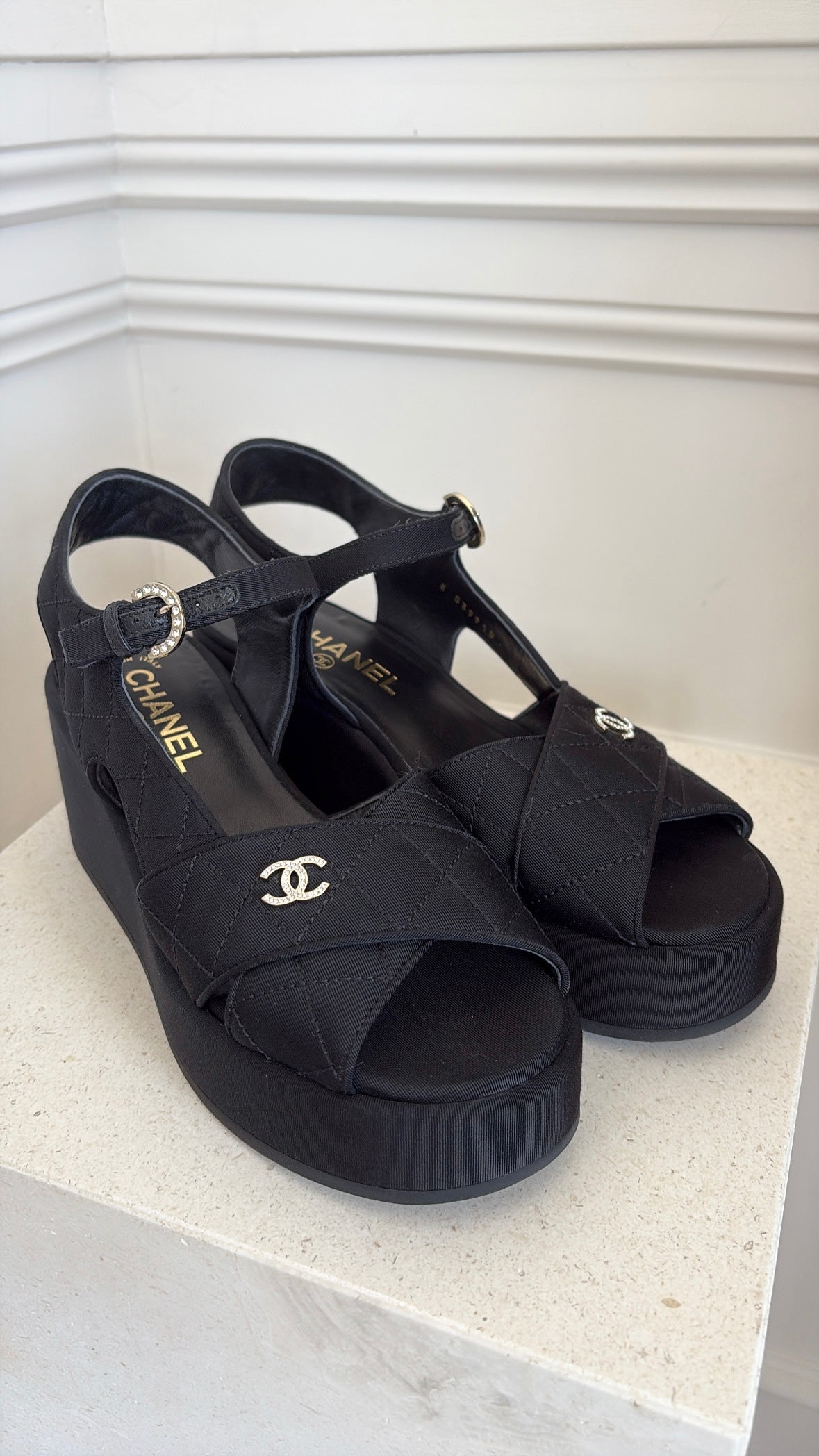 Chanel Black Grosgrain Quilted Wedge Sandal, 38.5 C