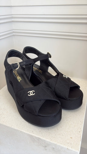 Chanel Black Grosgrain Quilted Wedge Sandal, 38.5 C