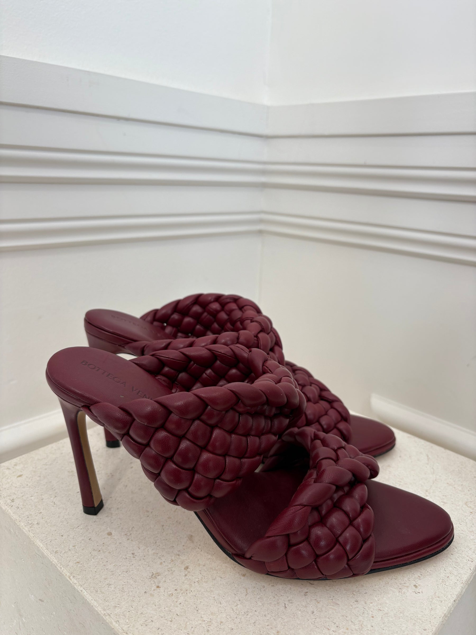 Bottega Veneta Burgundy Woven Heeled Mules, 41