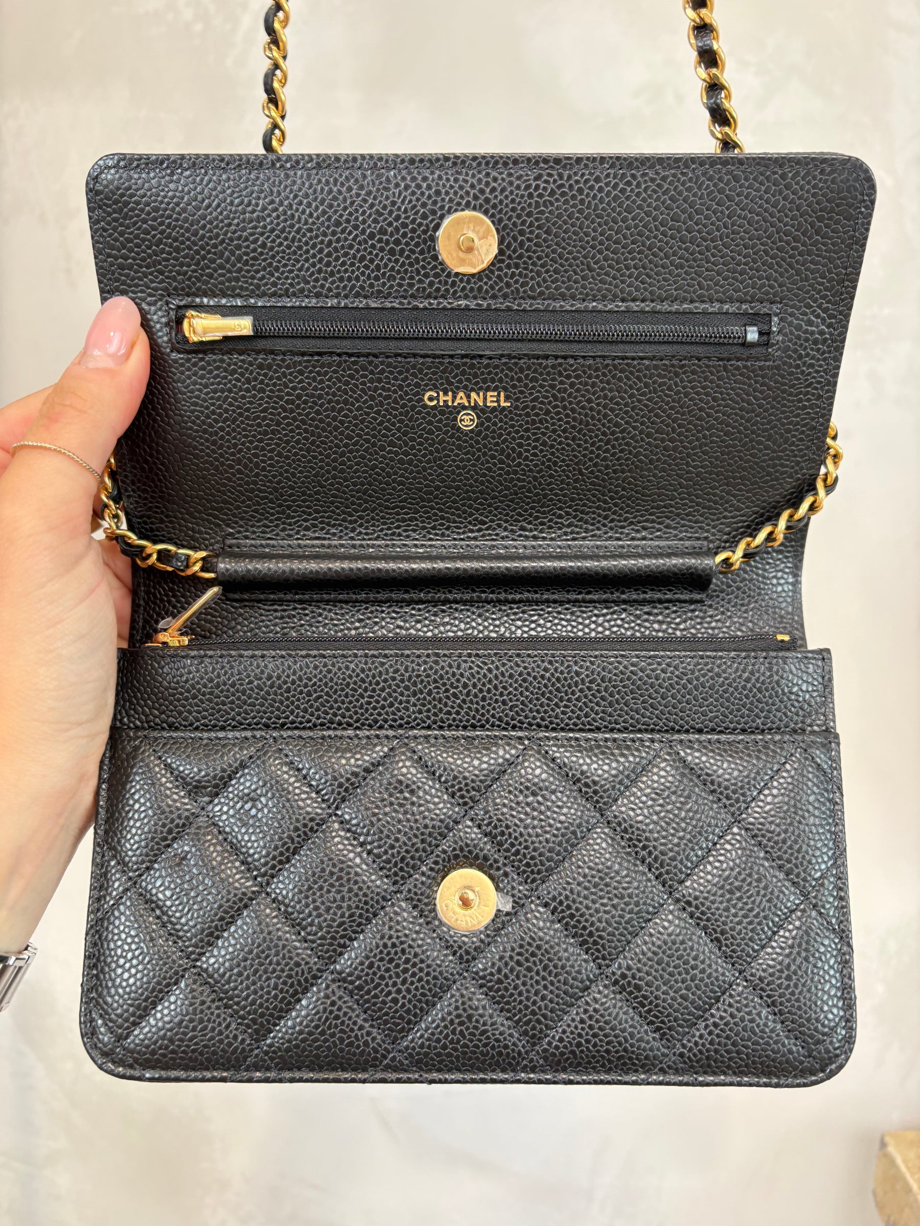 Chanel Caviar Leather Wallet On Chain Black Gold Hardware