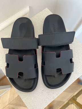 Hermès Black Epsom Leather with Red Edging Chypre Sandals, 41