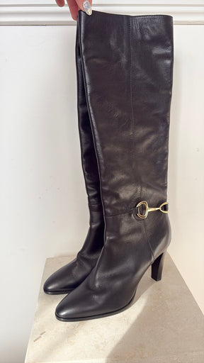 Celine Black Leather Horsebit Heeled Knee High Boot, 41