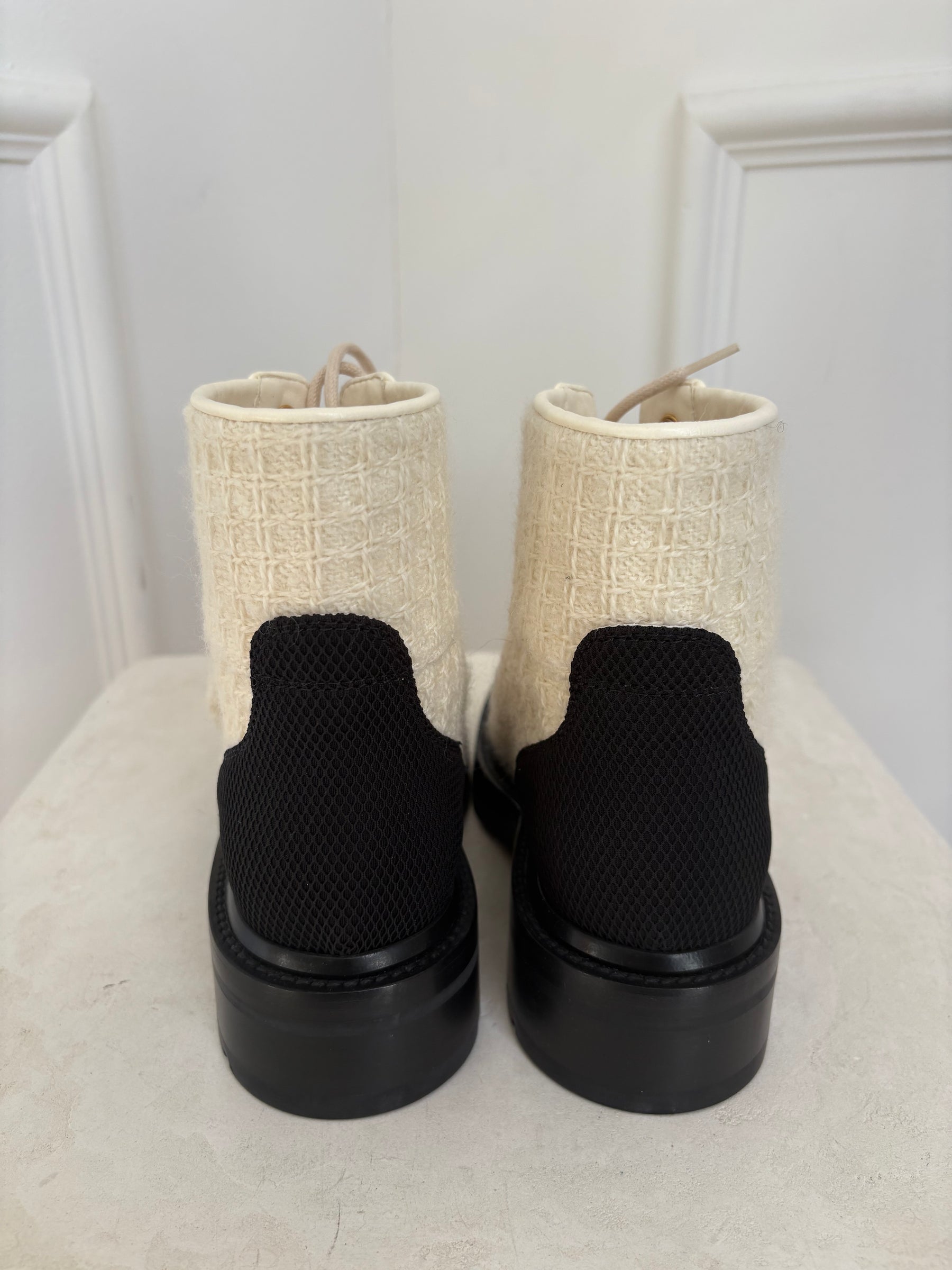 Chanel Ivory Tweed and Black Combat Boots, 36.5 C