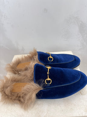 Gucci Blue Suede Shearling Princetown Slippers, 39