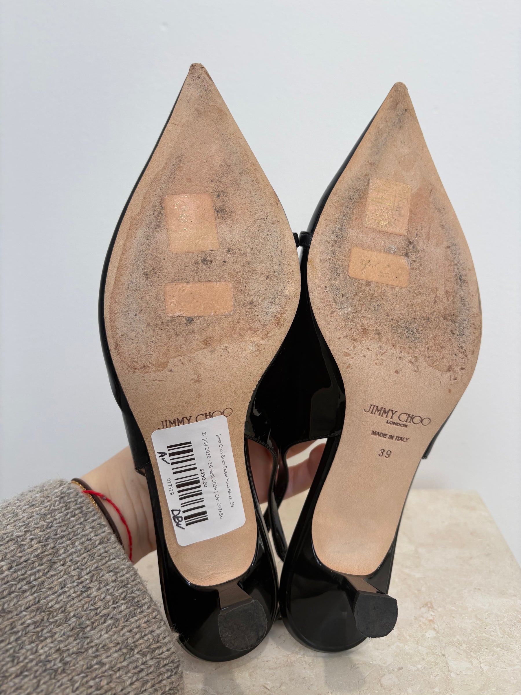 Jimmy Choo Black Patent Sling Backs, 39