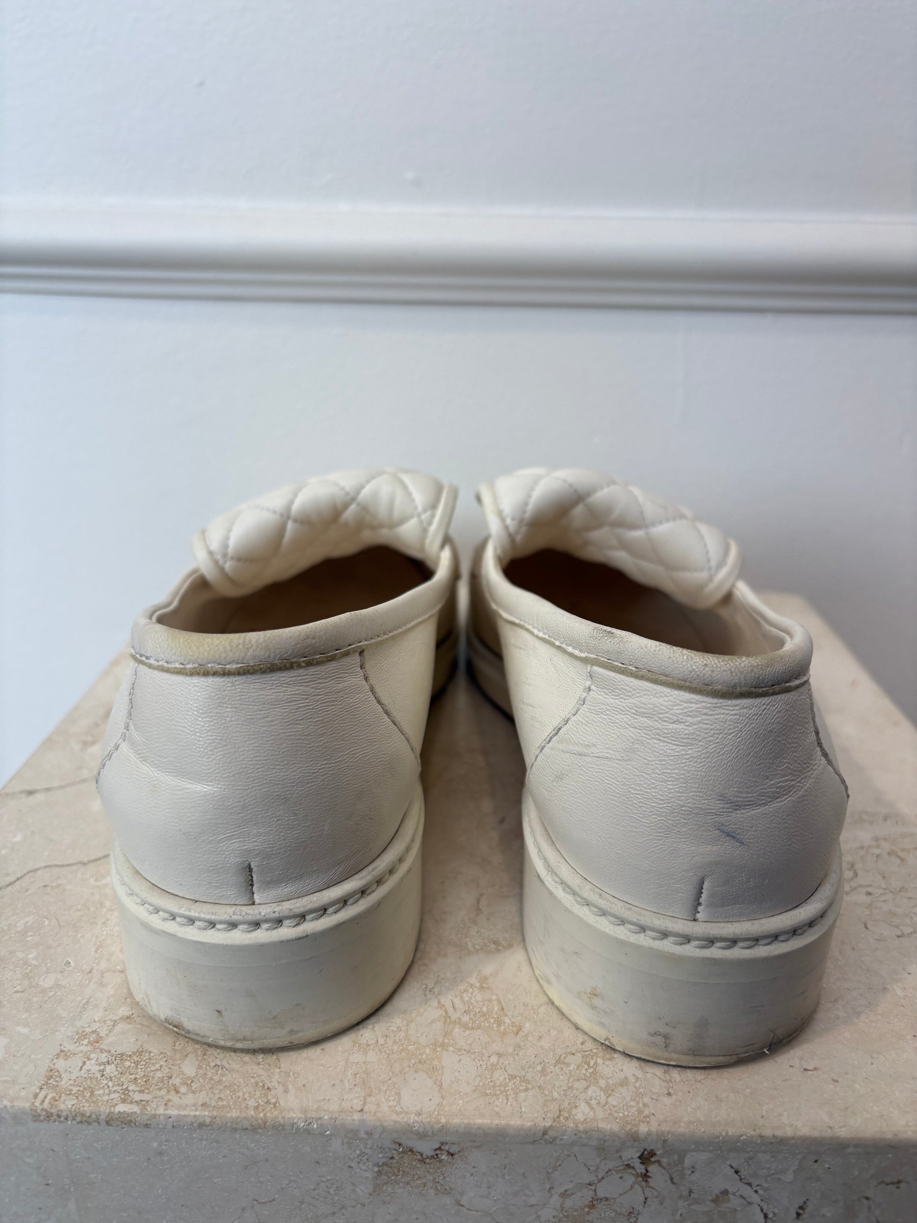 Chanel Turnlock Loafers In White, 42