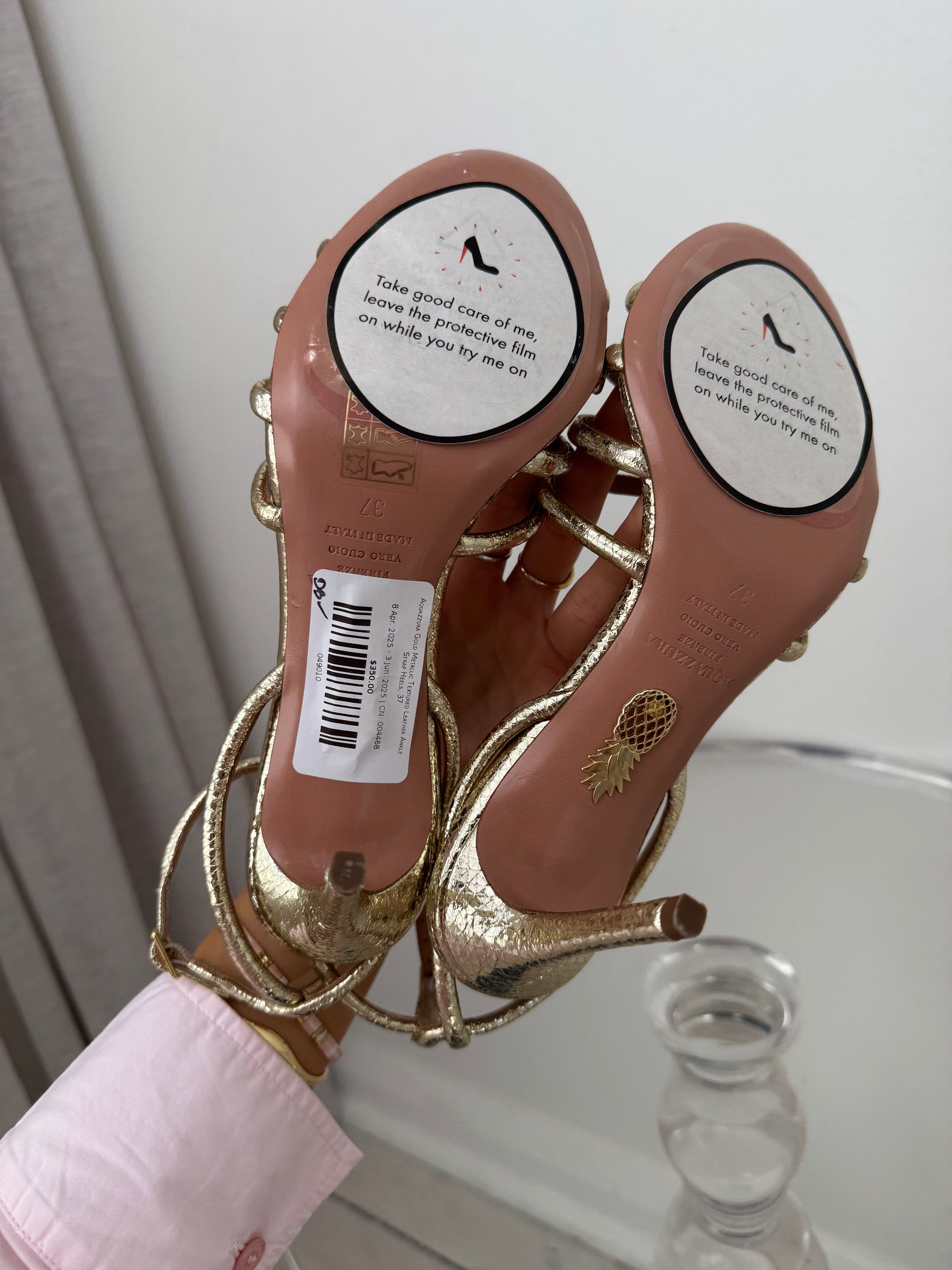 Aquazzura Gold Metallic Textured Leather Ankle Strap Heels, 37
