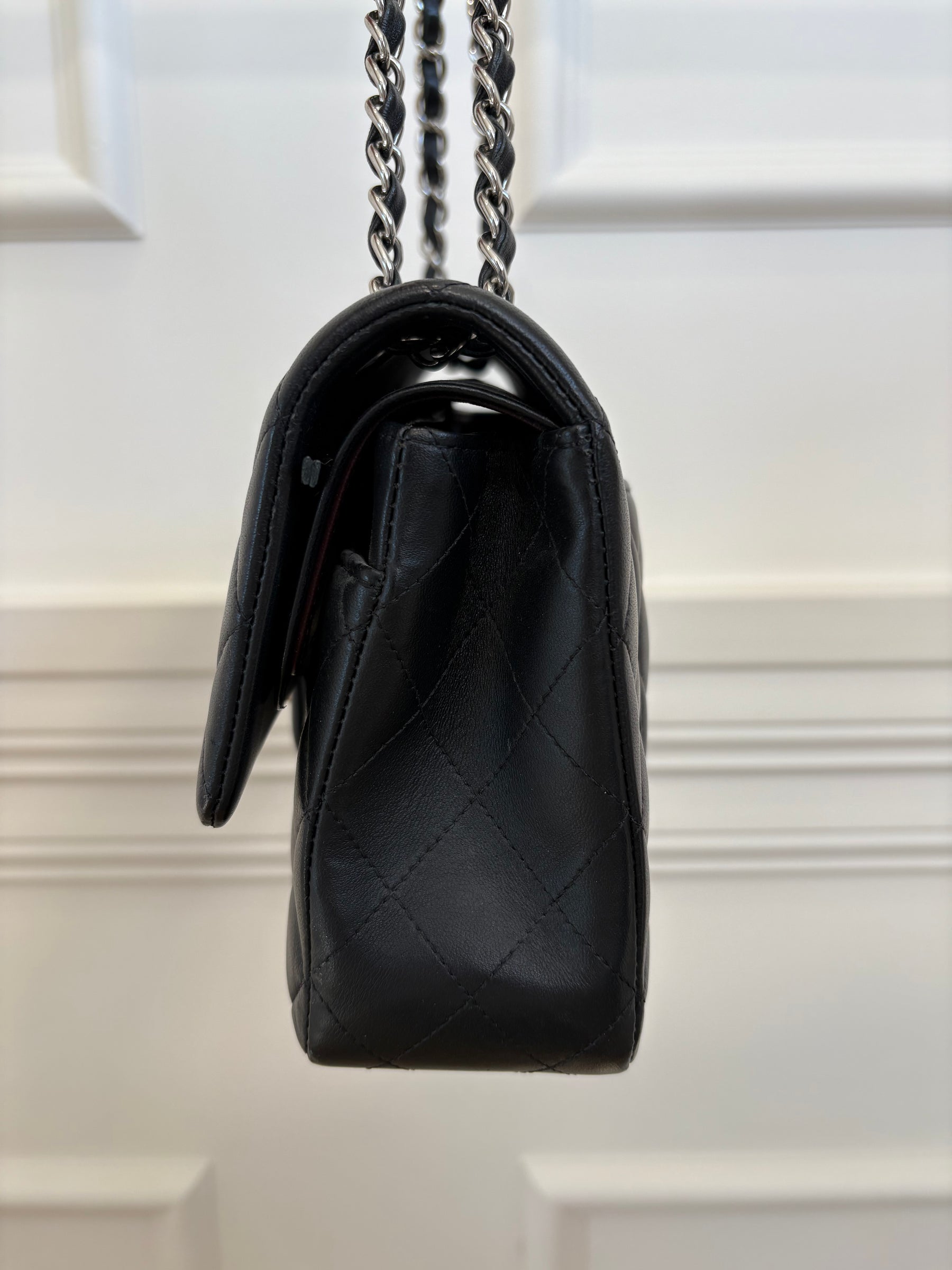 Chanel Black Lambskin Leather Medium Classic Flap with Silver Hardware