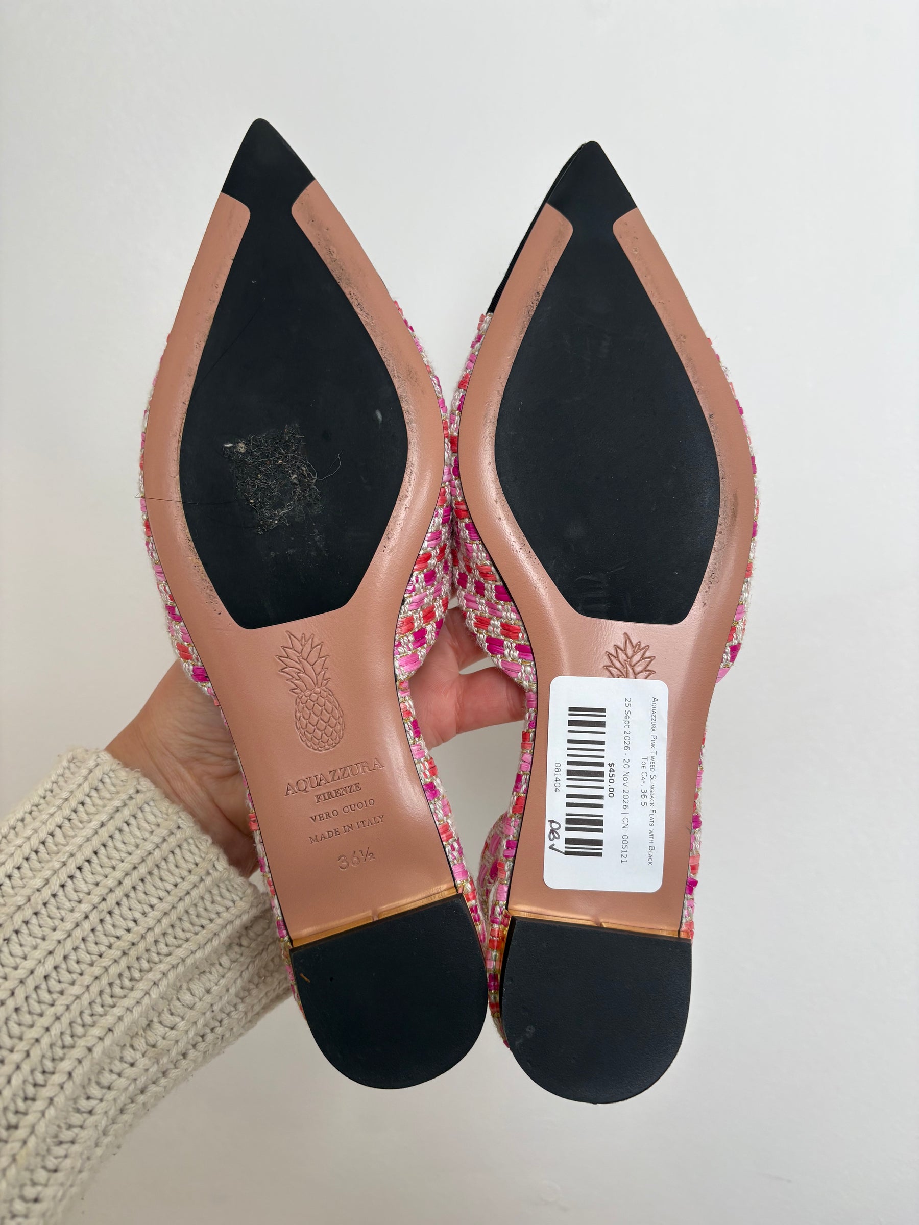 Aquazzura Pink Tweed Slingback Flats with Black Toe Cap, 36.5