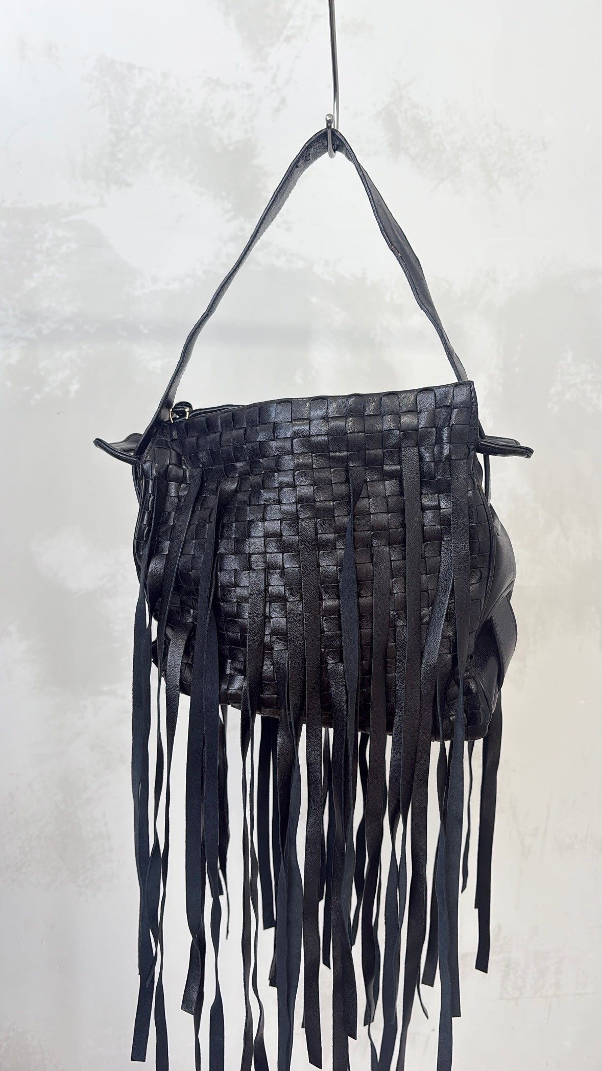 Bottega Veneta Black Intrecciato Fringed Leather Shoulder Bag