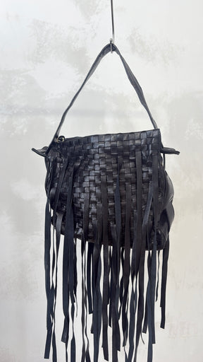 Bottega Veneta Black Intrecciato Fringed Leather Shoulder Bag