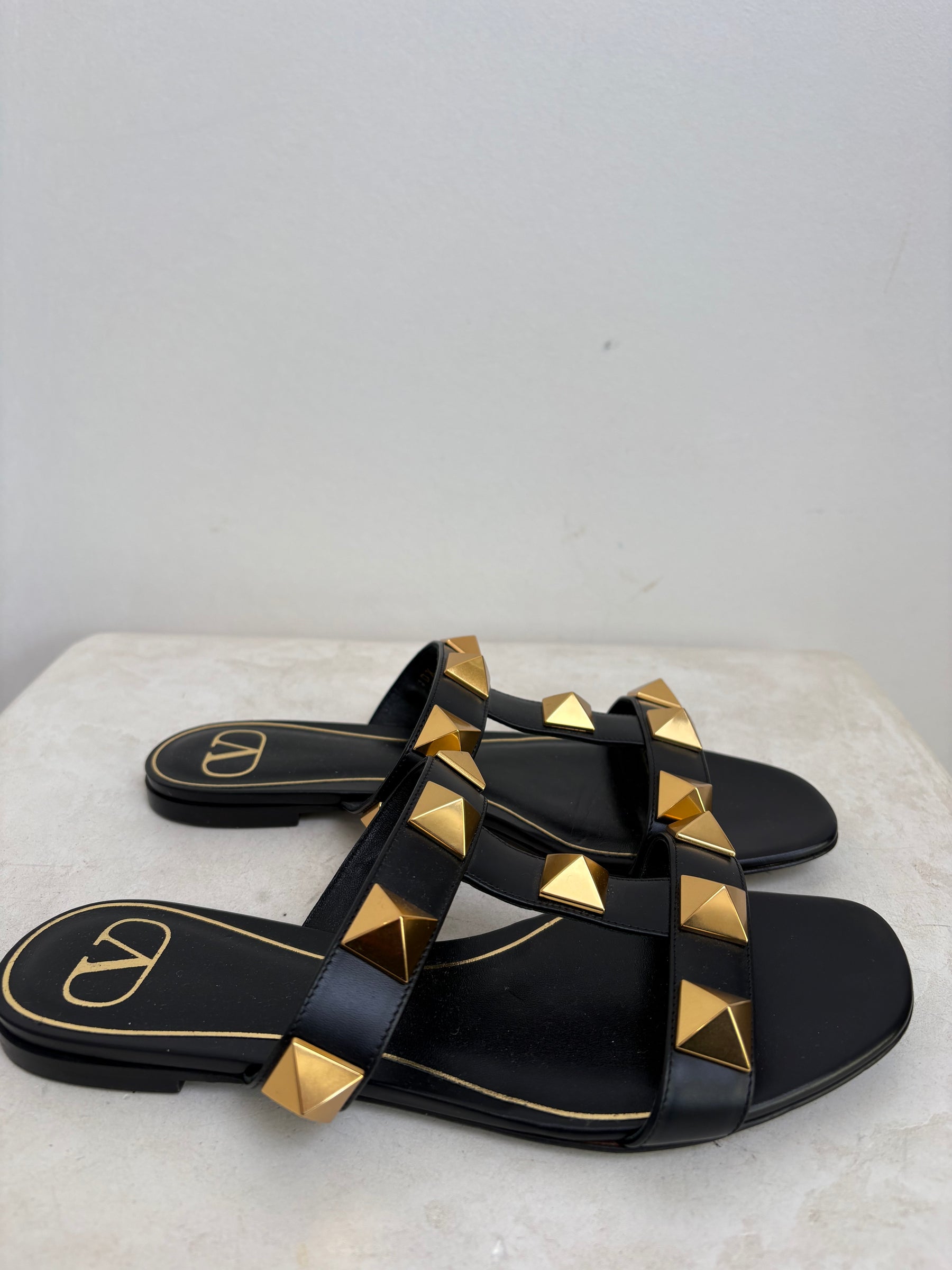 Valentino Garavani Black and Gold Roman Stud Slides, 38