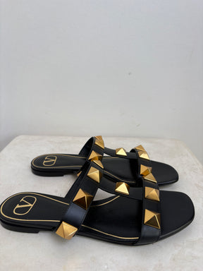 Valentino Garavani Black and Gold Roman Stud Slides, 38