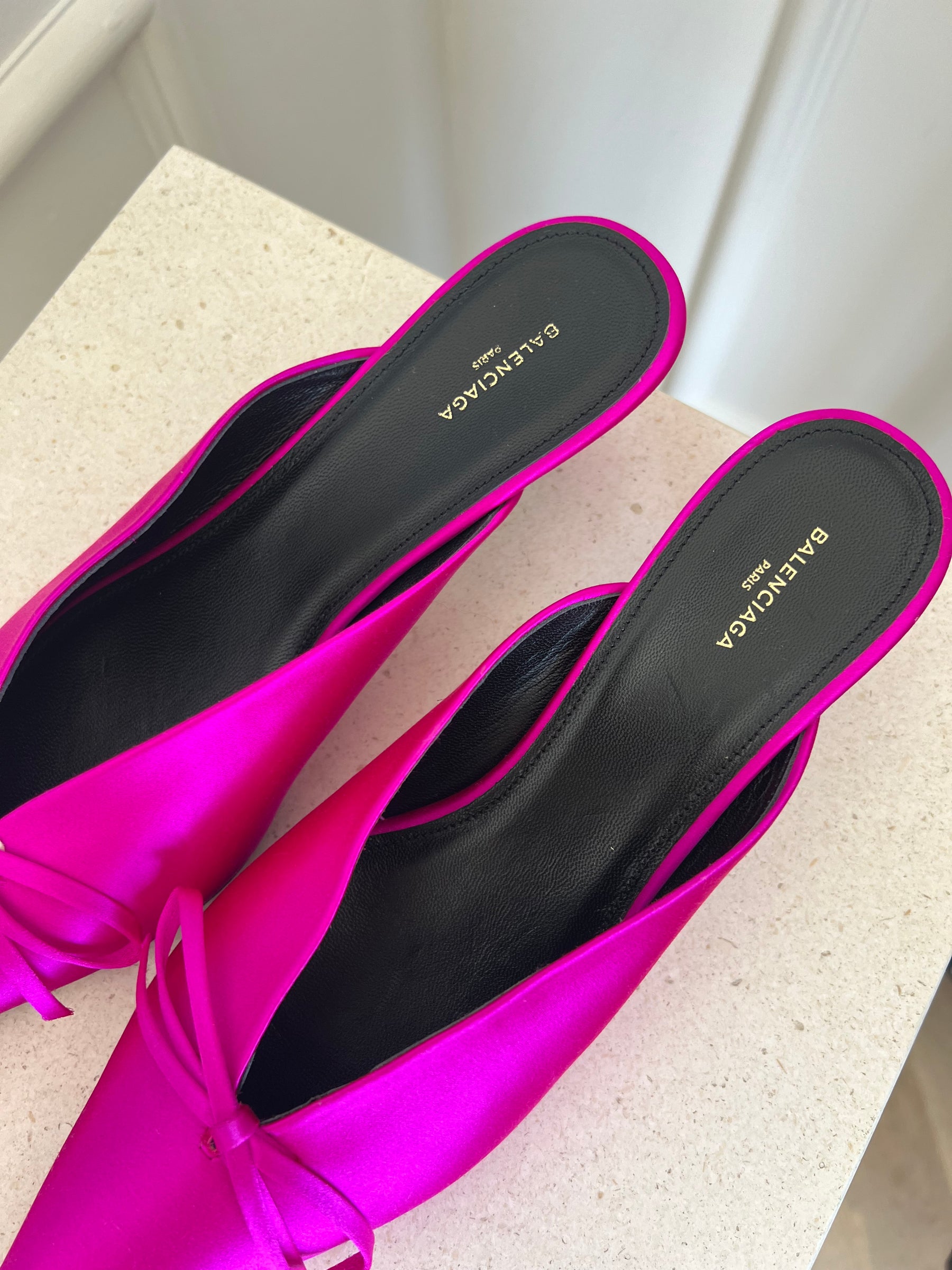 Balenciaga Pink Satin Knife Back Mules, 39