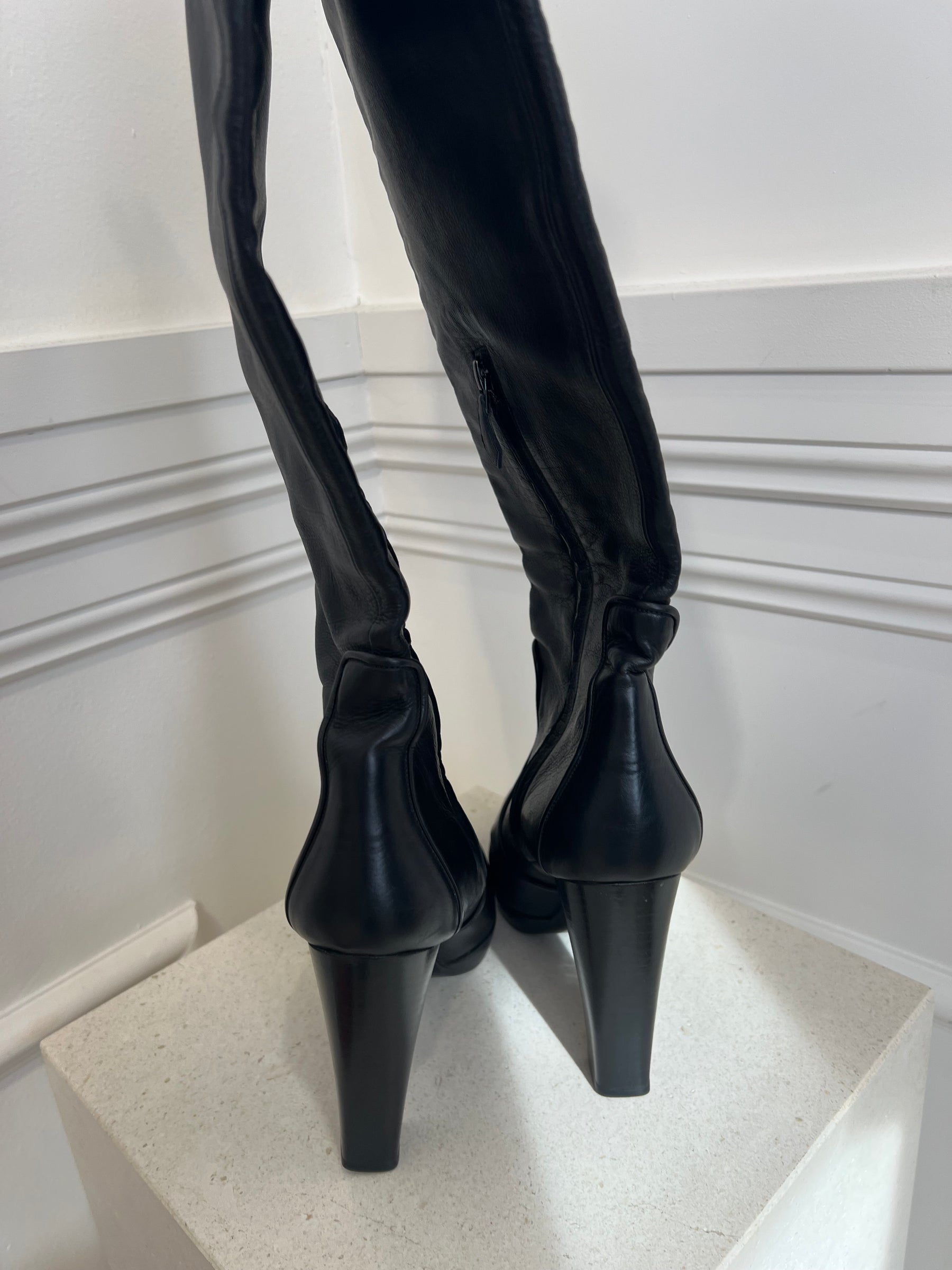 Hermès Black Leather Platform Knee High Boots, 40